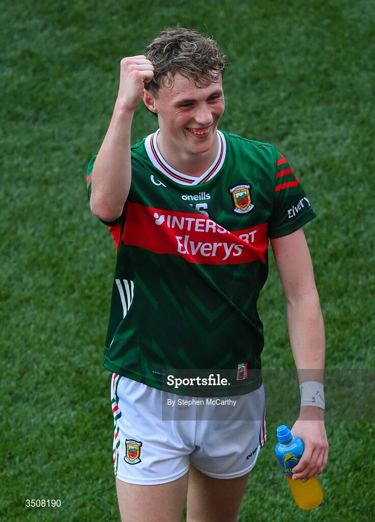 11 July 2026; Kobe McDonald of Mayo celebrates after the GAA Football All-Ireland Senior Championship semi-final match between Mayo and Louth at Croke Park in Dublin. Photo by Stephen McCarthy/Sportsfile