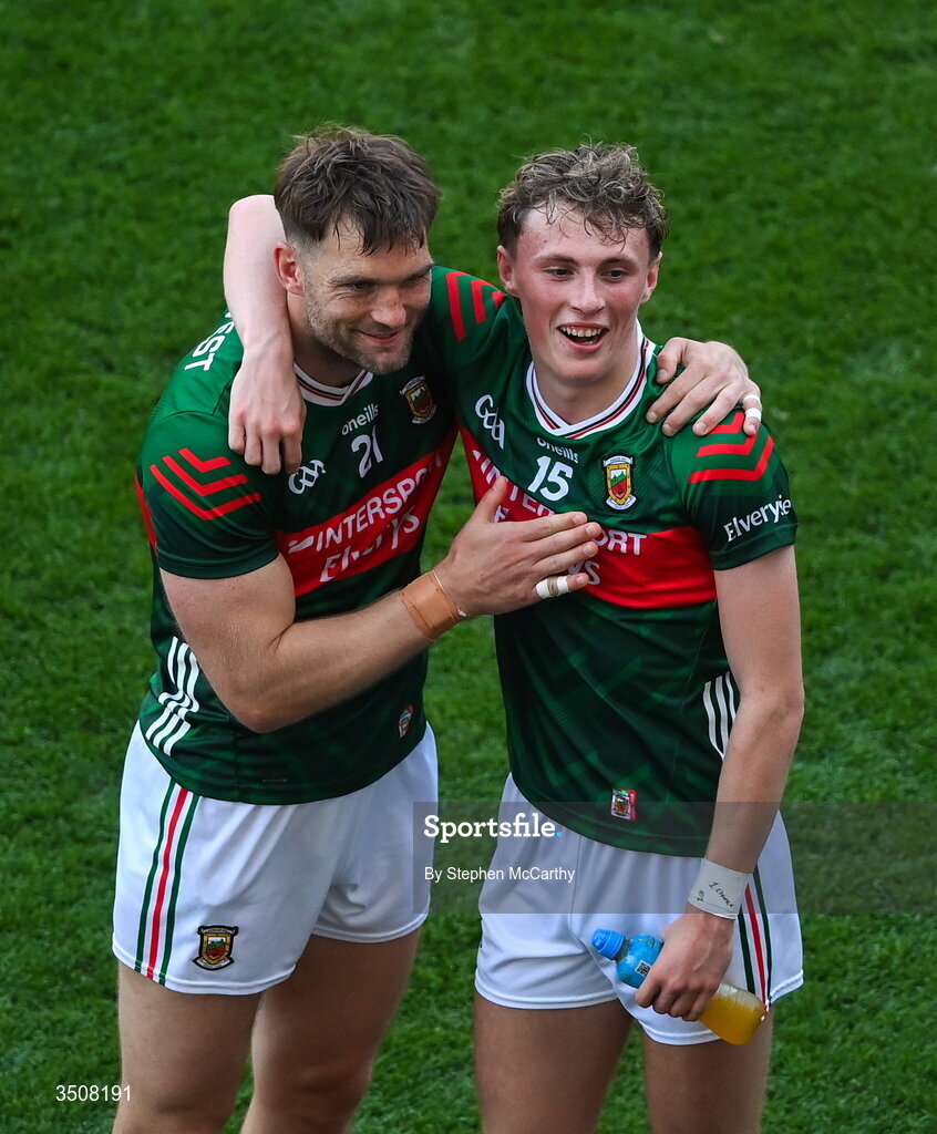 11 July 2026; Aidan O'Shea, left, and Kobe McDonald of Mayo after the GAA Football All-Ireland Senior Championship semi-final match between Mayo and Louth at Croke Park in Dublin. Photo by Stephen McCarthy/Sportsfile