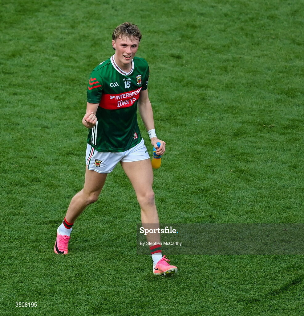 11 July 2026; Kobe McDonald of Mayo celebrates after the GAA Football All-Ireland Senior Championship semi-final match between Mayo and Louth at Croke Park in Dublin. Photo by Stephen McCarthy/Sportsfile