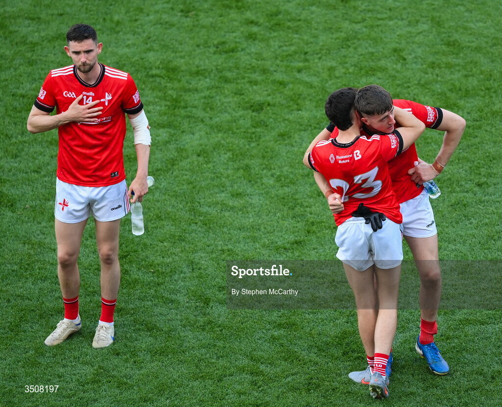 11 July 2026; Louth players, from left, Ciaran Downey, Tadgh McDonnell and Dara McDonnell after the GAA Football All-Ireland Senior Championship semi-final match between Mayo and Louth at Croke Park in Dublin. Photo by Stephen McCarthy/Sportsfile