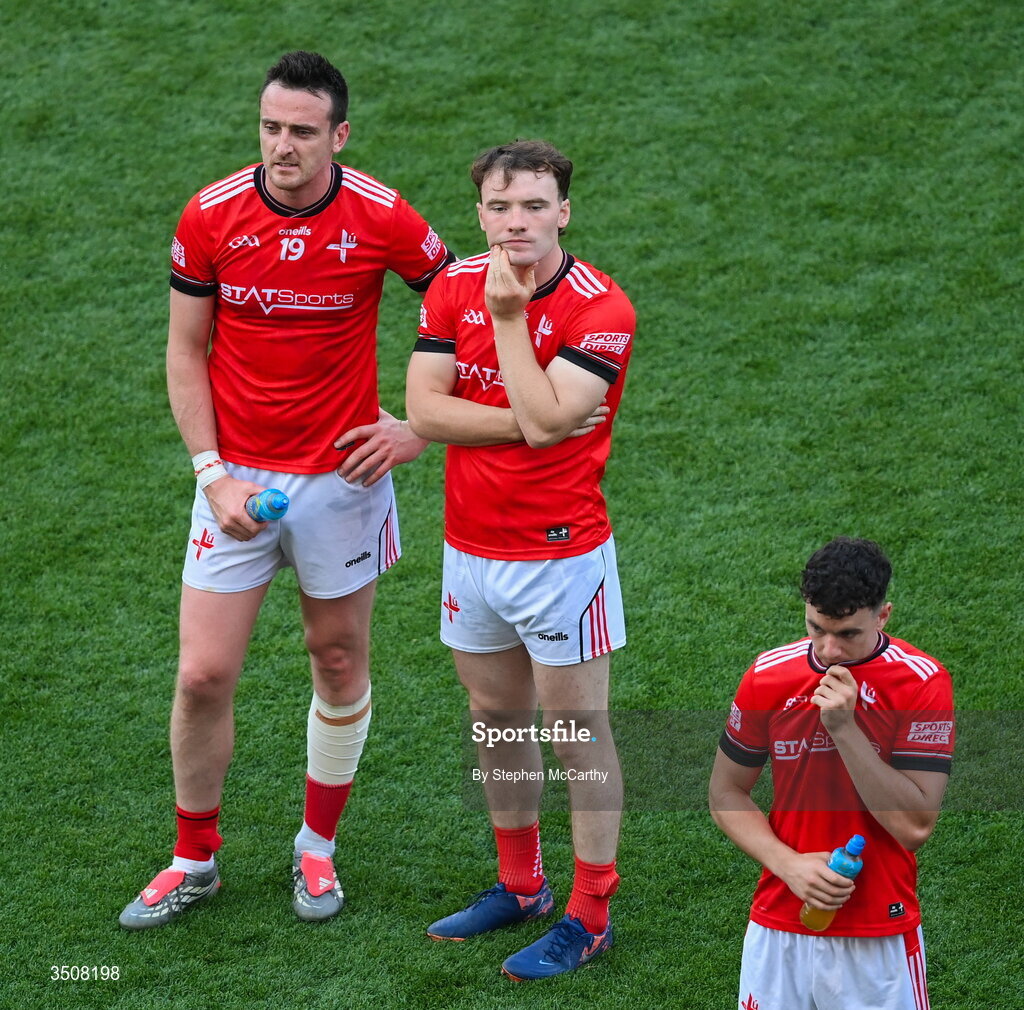 11 July 2026; Tommy Durnin, left, and Sean Reynolds of Louth after the GAA Football All-Ireland Senior Championship semi-final match between Mayo and Louth at Croke Park in Dublin. Photo by Stephen McCarthy/Sportsfile
