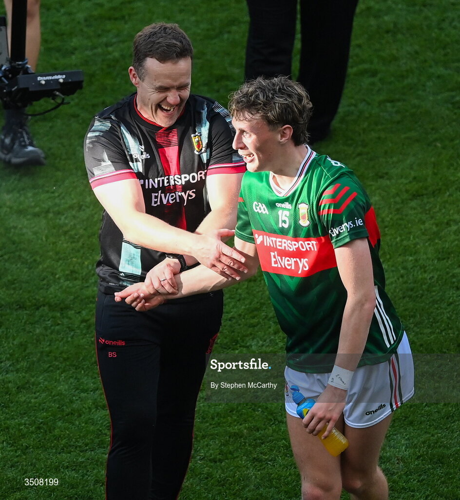 11 July 2026; Kobe McDonald of Mayo with Mayo manager Andy Moran after the GAA Football All-Ireland Senior Championship semi-final match between Mayo and Louth at Croke Park in Dublin. Photo by Stephen McCarthy/Sportsfile