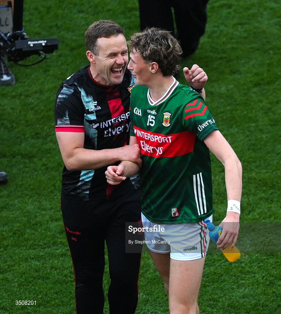 11 July 2026; Kobe McDonald of Mayo with Mayo manager Andy Moran after the GAA Football All-Ireland Senior Championship semi-final match between Mayo and Louth at Croke Park in Dublin. Photo by Stephen McCarthy/Sportsfile