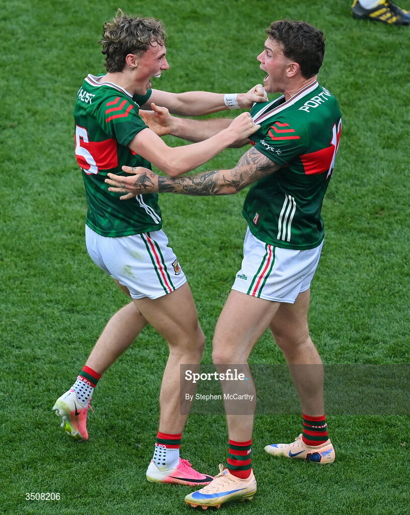 11 July 2026; Kobe McDonald, left, and Jordan Flynn of Mayo after the GAA Football All-Ireland Senior Championship semi-final match between Mayo and Louth at Croke Park in Dublin. Photo by Stephen McCarthy/Sportsfile