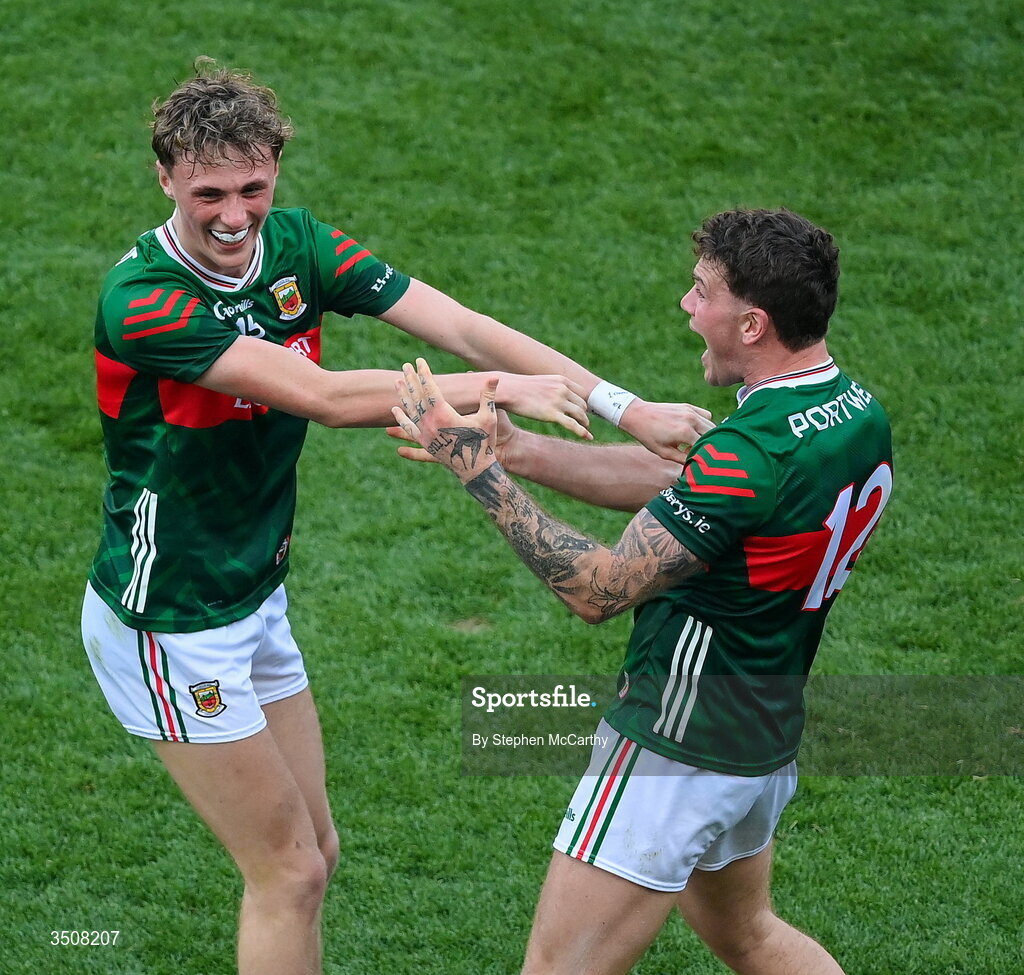 11 July 2026; Kobe McDonald, left, and Jordan Flynn of Mayo after the GAA Football All-Ireland Senior Championship semi-final match between Mayo and Louth at Croke Park in Dublin. Photo by Stephen McCarthy/Sportsfile