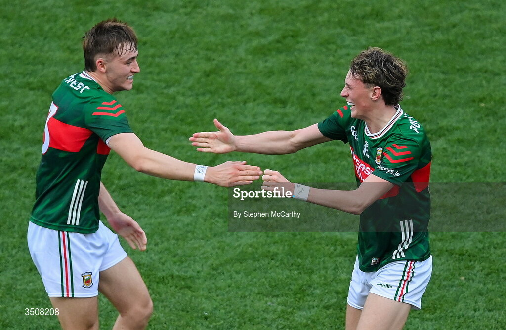 11 July 2026; Kobe McDonald, right, and Donnacha McHugh of Mayo after the GAA Football All-Ireland Senior Championship semi-final match between Mayo and Louth at Croke Park in Dublin. Photo by Stephen McCarthy/Sportsfile