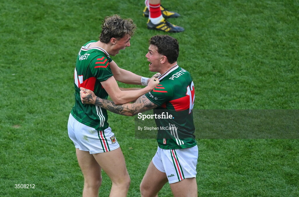 11 July 2026; Kobe McDonald, left, and Jordan Flynn of Mayo after the GAA Football All-Ireland Senior Championship semi-final match between Mayo and Louth at Croke Park in Dublin. Photo by Stephen McCarthy/Sportsfile