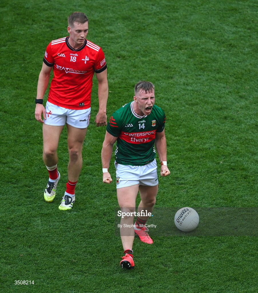 11 July 2026; Ryan O'Donoghue of Mayo celebrates late into the match during the GAA Football All-Ireland Senior Championship semi-final match between Mayo and Louth at Croke Park in Dublin. Photo by Stephen McCarthy/Sportsfile