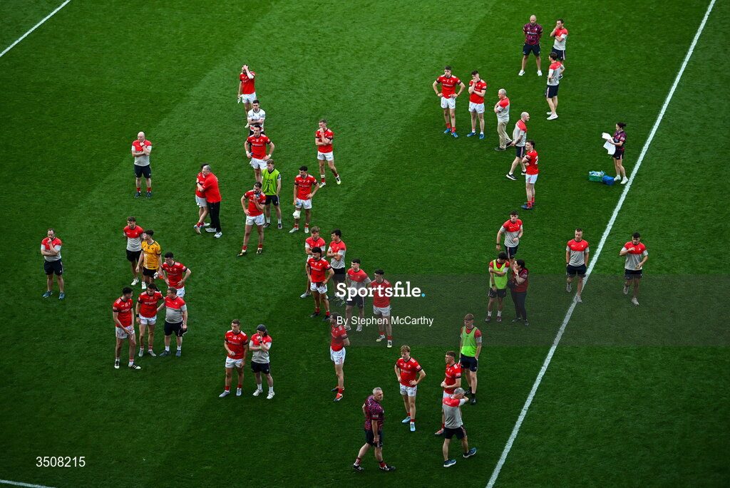11 July 2026; Louth players after the GAA Football All-Ireland Senior Championship semi-final match between Mayo and Louth at Croke Park in Dublin. Photo by Stephen McCarthy/Sportsfile