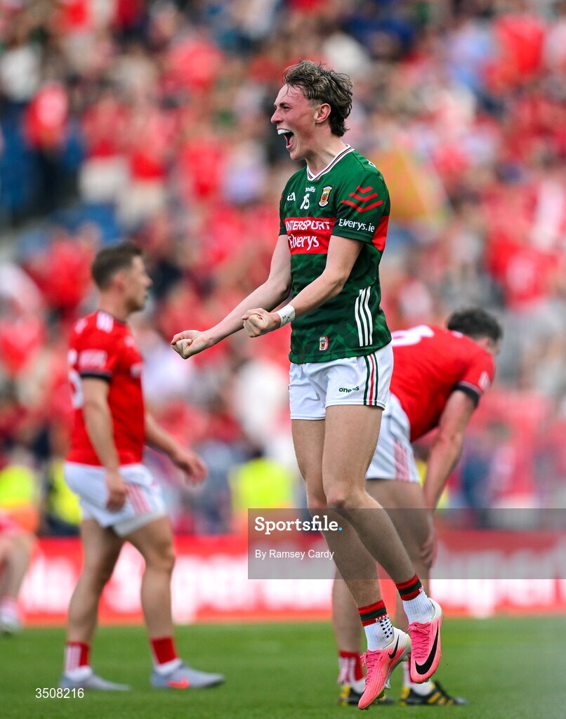 11 July 2026; Kobe McDonald of Mayo celebrates after the GAA Football All-Ireland Senior Championship semi-final match between Mayo and Louth at Croke Park in Dublin. Photo by Ramsey Cardy/Sportsfile