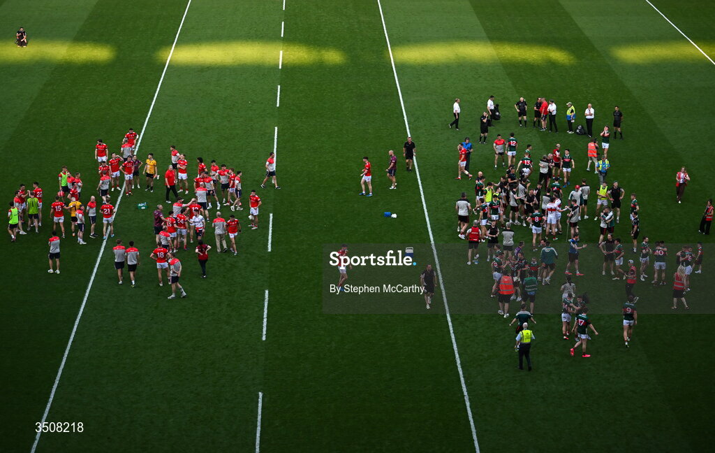 11 July 2026; Players from both sides after the GAA Football All-Ireland Senior Championship semi-final match between Mayo and Louth at Croke Park in Dublin. Photo by Stephen McCarthy/Sportsfile