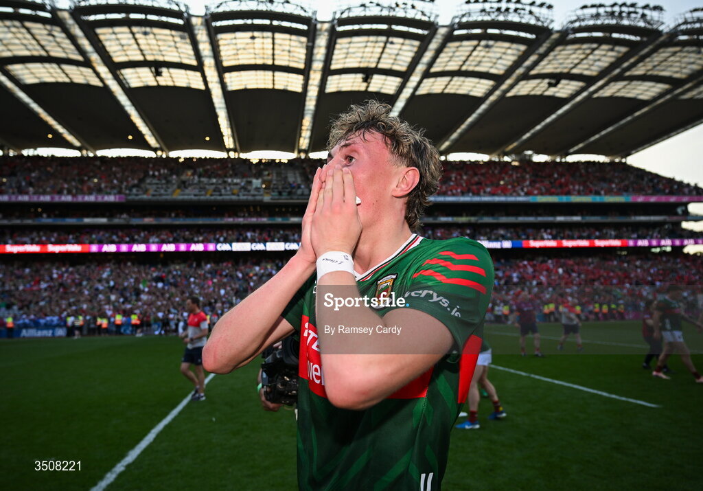 11 July 2026; Kobe McDonald of Mayo celebrates after the GAA Football All-Ireland Senior Championship semi-final match between Mayo and Louth at Croke Park in Dublin. Photo by Ramsey Cardy/Sportsfile