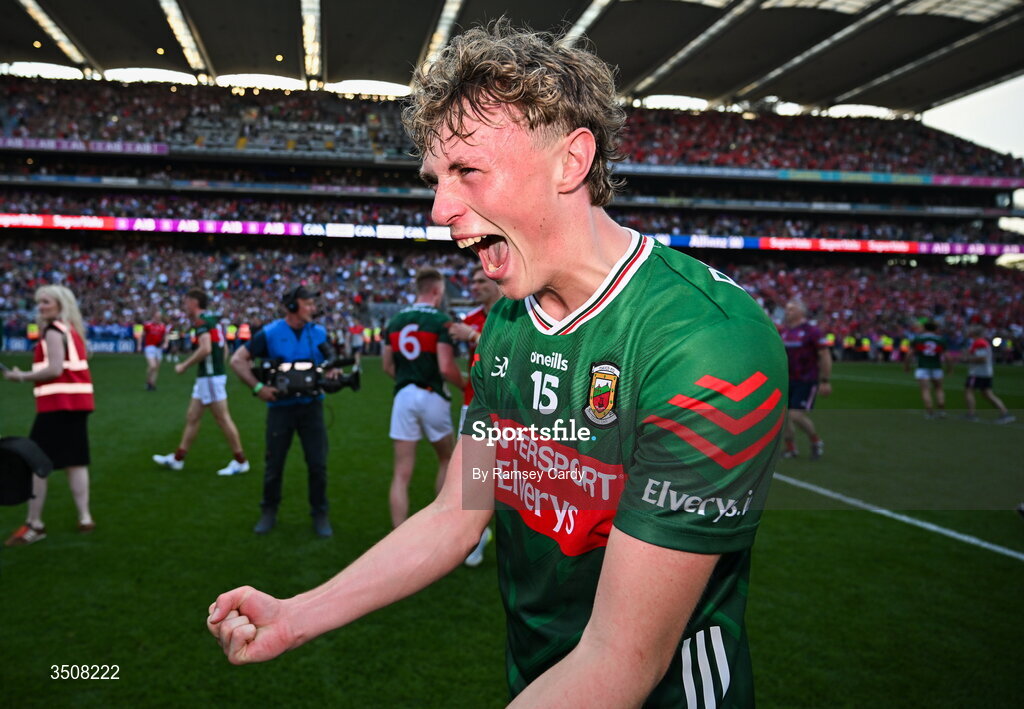 11 July 2026; Kobe McDonald of Mayo celebrates after the GAA Football All-Ireland Senior Championship semi-final match between Mayo and Louth at Croke Park in Dublin. Photo by Ramsey Cardy/Sportsfile