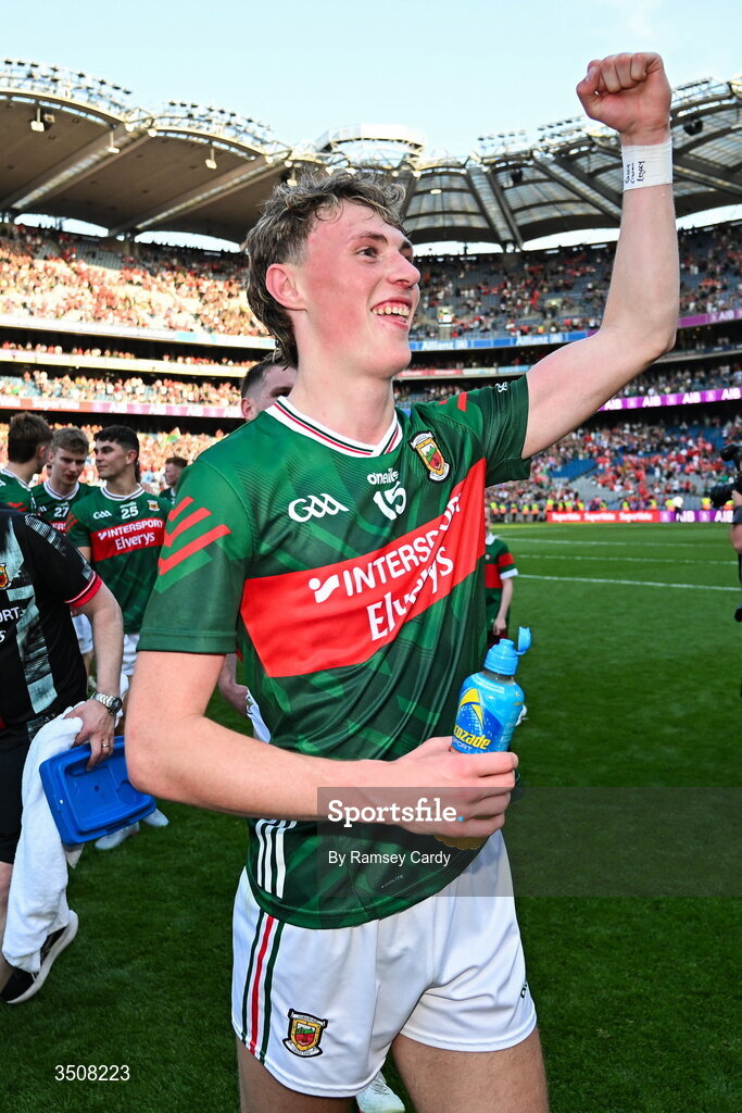 11 July 2026; Kobe McDonald of Mayo celebrates after the GAA Football All-Ireland Senior Championship semi-final match between Mayo and Louth at Croke Park in Dublin. Photo by Ramsey Cardy/Sportsfile