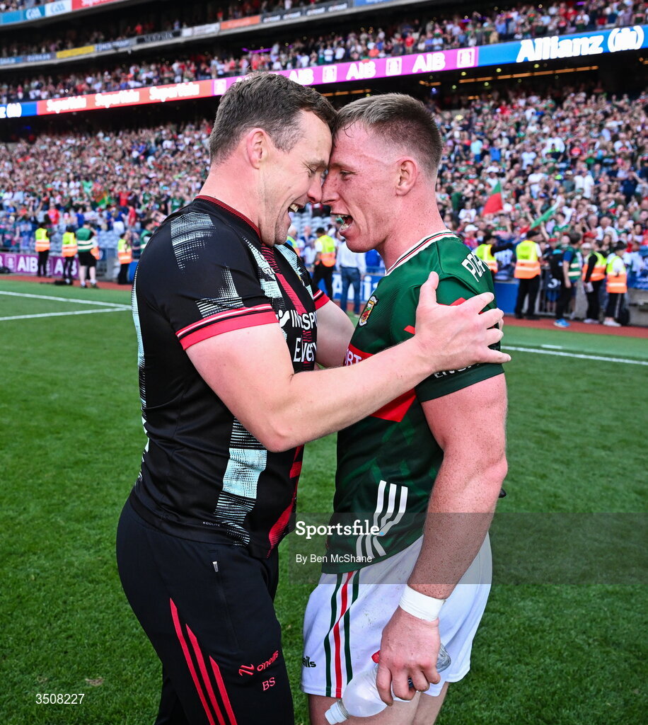 11 July 2026; Mayo manager Andy Moran celebrates with Ryan O'Donoghue of Mayo after the GAA Football All-Ireland Senior Championship semi-final match between Mayo and Louth at Croke Park in Dublin. Photo by Ben McShane/Sportsfile