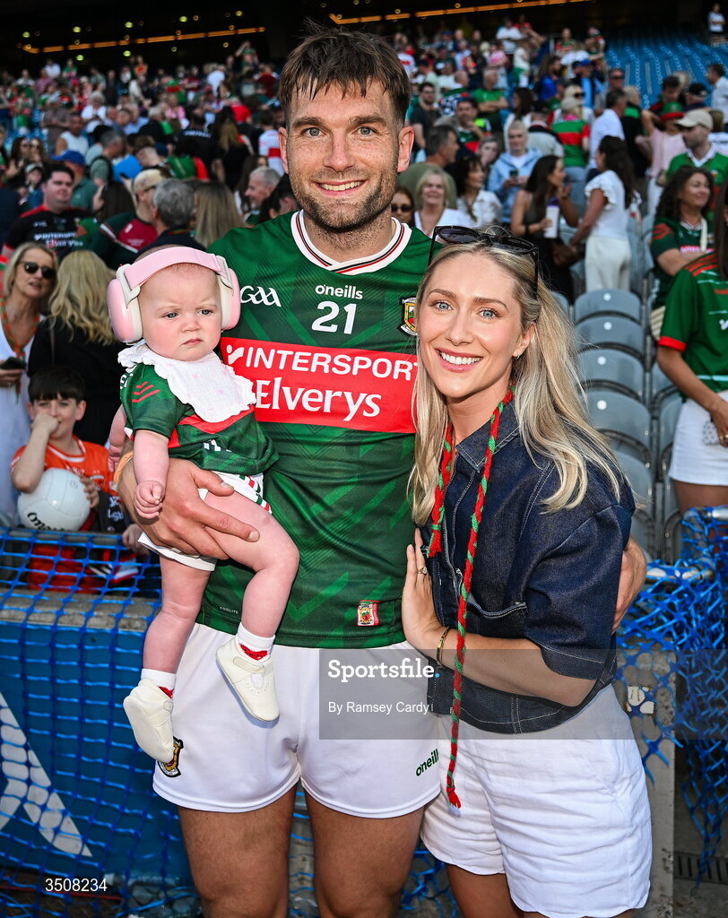 11 July 2026; Aidan O'Shea of Mayo, with his wife Kristin, and daughter Romee, after the GAA Football All-Ireland Senior Championship semi-final match between Mayo and Louth at Croke Park in Dublin. Photo by Ramsey Cardy/Sportsfile