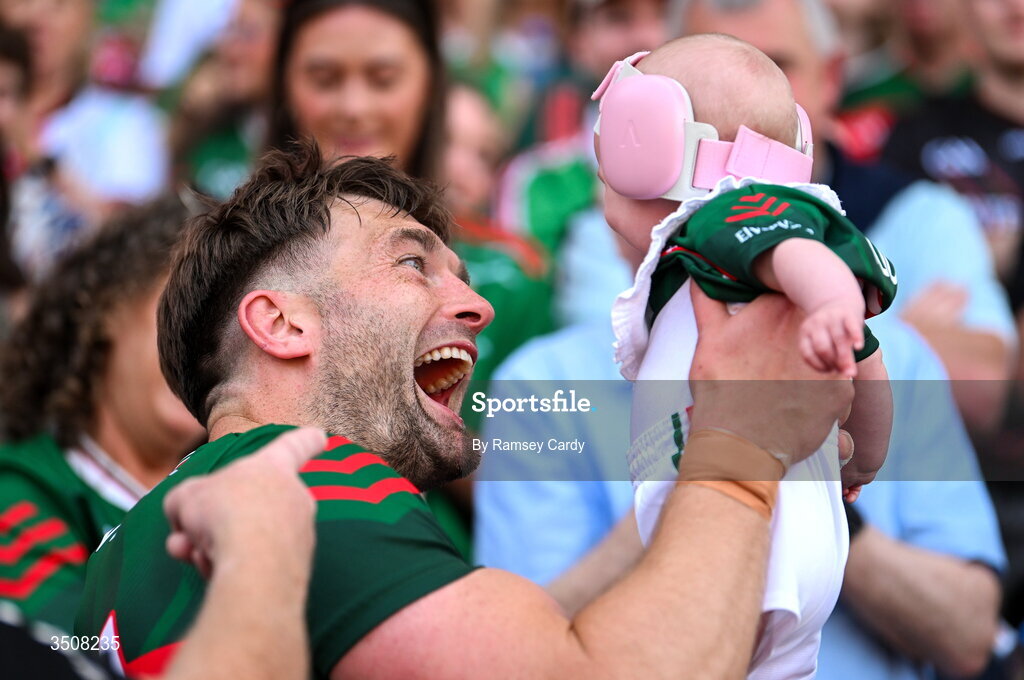 11 July 2026; Aidan O'Shea of Mayo, with his daughter Romee, after the GAA Football All-Ireland Senior Championship semi-final match between Mayo and Louth at Croke Park in Dublin. Photo by Ramsey Cardy/Sportsfile