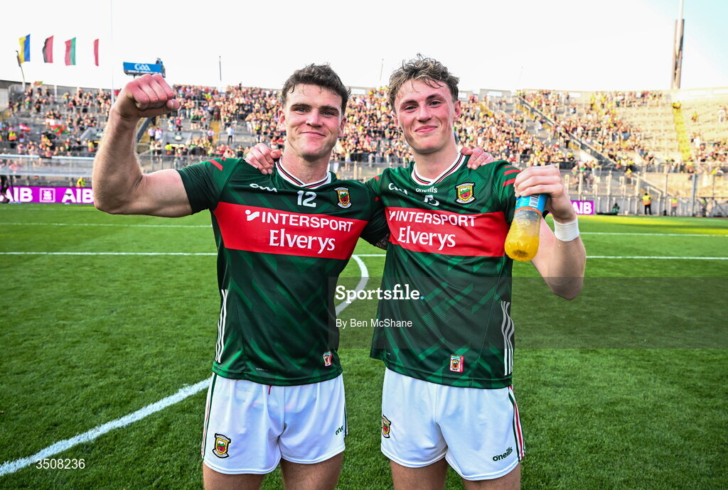 11 July 2026; Jordan Flynn, left, and Kobe McDonald of Mayo celebrate after the GAA Football All-Ireland Senior Championship semi-final match between Mayo and Louth at Croke Park in Dublin. Photo by Ben McShane/Sportsfile