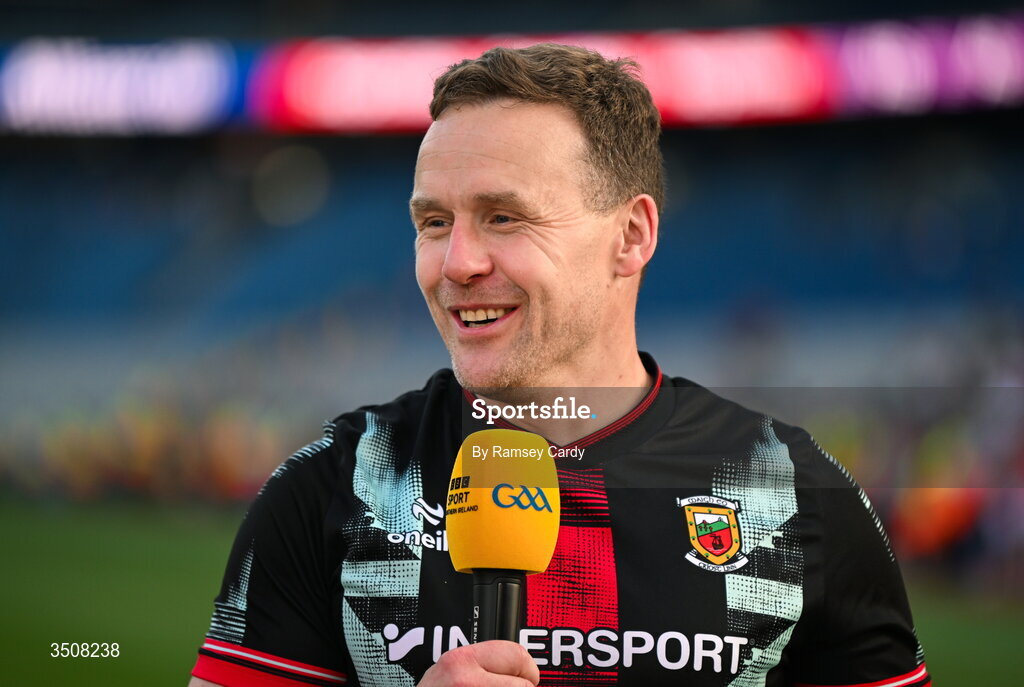 11 July 2026; Mayo manager Andy Moran is interviewed for BBC after the GAA Football All-Ireland Senior Championship semi-final match between Mayo and Louth at Croke Park in Dublin. Photo by Ramsey Cardy/Sportsfile