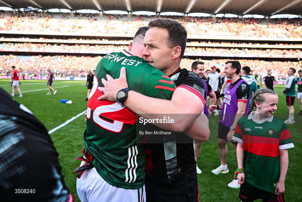 11 July 2026; Mayo manager Andy Moran celebrates with Matthew Ruane of Mayo after the GAA Football All-Ireland Senior Championship semi-final match between Mayo and Louth at Croke Park in Dublin. Photo by Ben McShane/Sportsfile