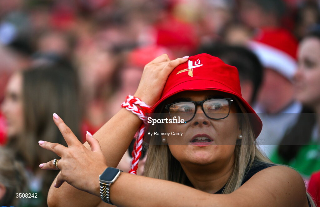 11 July 2026; A dejected Louth supporter during the GAA Football All-Ireland Senior Championship semi-final match between Mayo and Louth at Croke Park in Dublin. Photo by Ramsey Cardy/Sportsfile