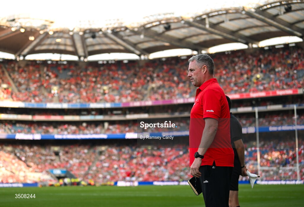 11 July 2026; Louth manager Gavin Devlin during the GAA Football All-Ireland Senior Championship semi-final match between Mayo and Louth at Croke Park in Dublin. Photo by Ramsey Cardy/Sportsfile