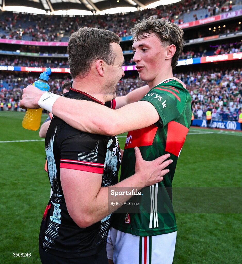 11 July 2026; Mayo manager Andy Moran celebrates with Kobe McDonald of Mayo after the GAA Football All-Ireland Senior Championship semi-final match between Mayo and Louth at Croke Park in Dublin. Photo by Ben McShane/Sportsfile