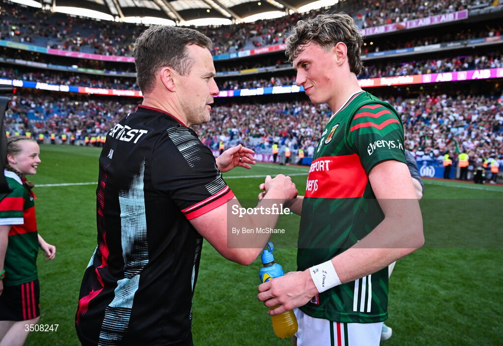11 July 2026; Mayo manager Andy Moran celebrates with Kobe McDonald of Mayo after the GAA Football All-Ireland Senior Championship semi-final match between Mayo and Louth at Croke Park in Dublin. Photo by Ben McShane/Sportsfile