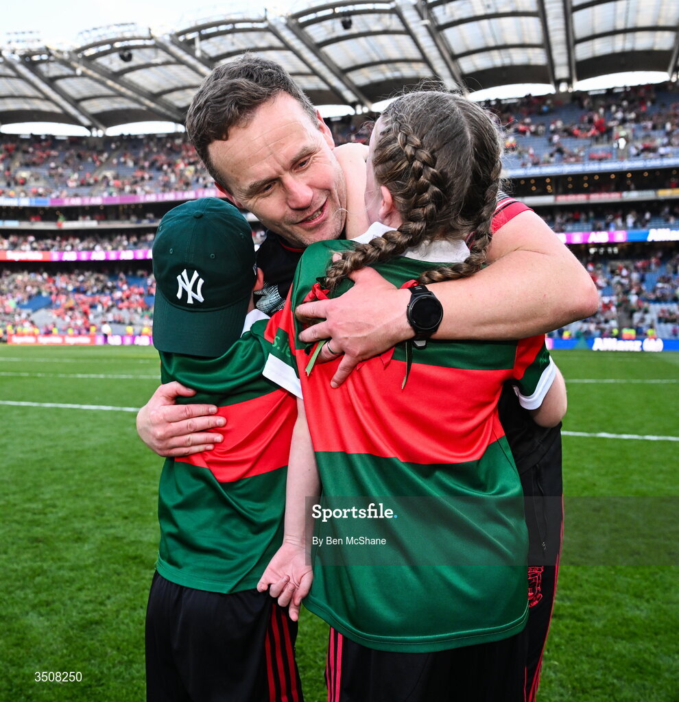 11 July 2026; Mayo manager Andy Moran celebrates with his children Ollie and Charlotte after the GAA Football All-Ireland Senior Championship semi-final match between Mayo and Louth at Croke Park in Dublin. Photo by Ben McShane/Sportsfile