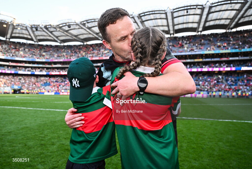 11 July 2026; Mayo manager Andy Moran celebrates with his children Ollie and Charlotte after the GAA Football All-Ireland Senior Championship semi-final match between Mayo and Louth at Croke Park in Dublin. Photo by Ben McShane/Sportsfile