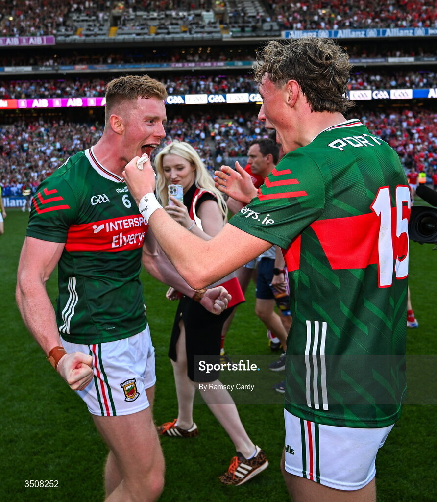 11 July 2026; David McBrien, left, and Kobe McDonald of Mayo celebrate after the GAA Football All-Ireland Senior Championship semi-final match between Mayo and Louth at Croke Park in Dublin. Photo by Ramsey Cardy/Sportsfile