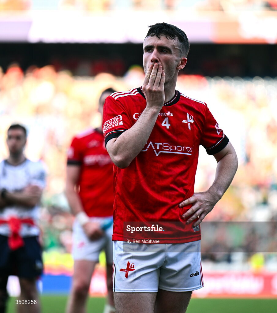 11 July 2026; Daire Nally of Louth reacts after his side's defeat in the GAA Football All-Ireland Senior Championship semi-final match between Mayo and Louth at Croke Park in Dublin. Photo by Ben McShane/Sportsfile