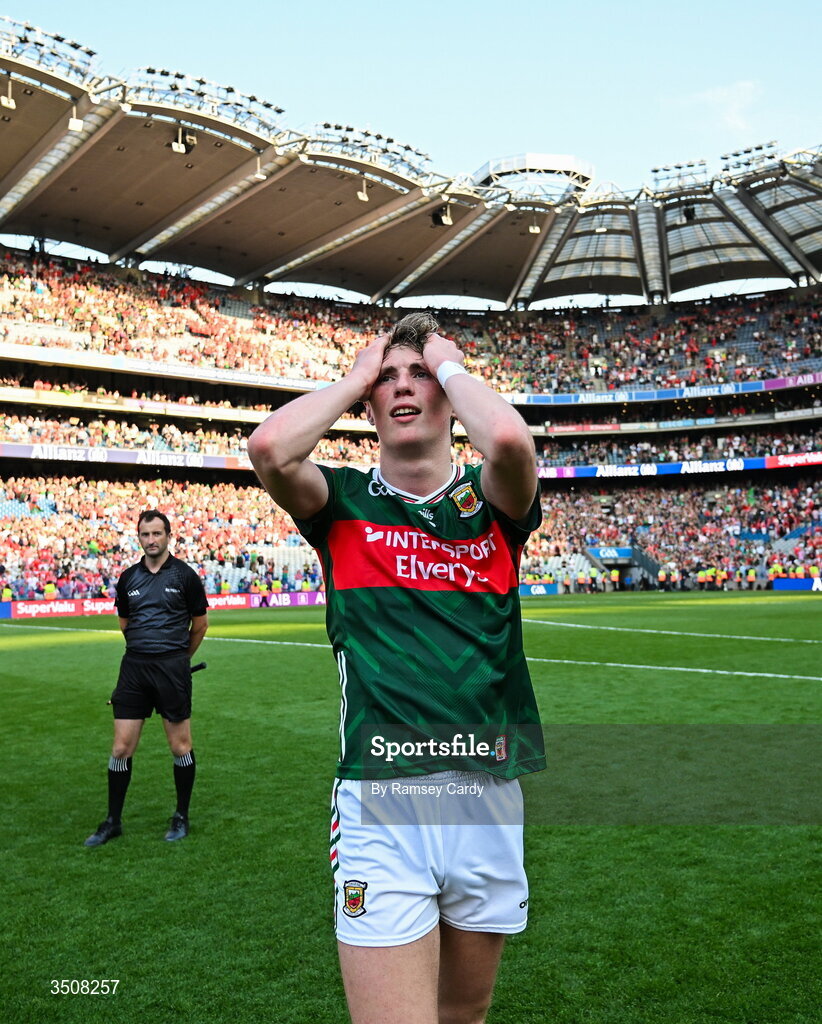 11 July 2026; Kobe McDonald of Mayo reacts after the GAA Football All-Ireland Senior Championship semi-final match between Mayo and Louth at Croke Park in Dublin. Photo by Ramsey Cardy/Sportsfile