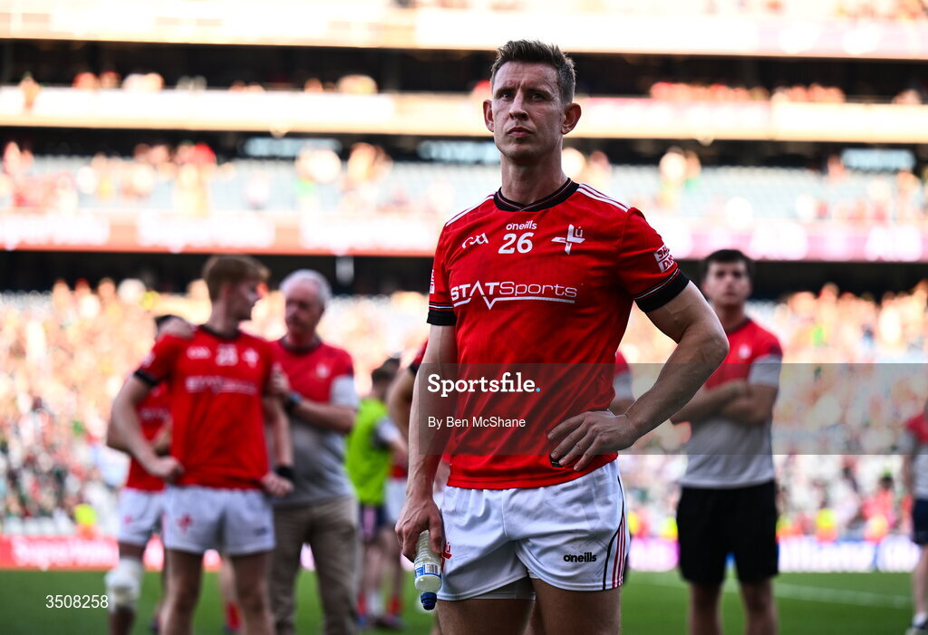 11 July 2026; Anthony Williams of Louth reacts after his side's defeat in the GAA Football All-Ireland Senior Championship semi-final match between Mayo and Louth at Croke Park in Dublin. Photo by Ben McShane/Sportsfile