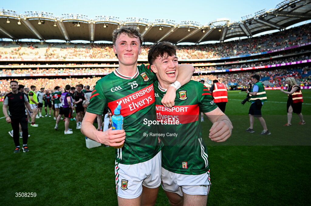 11 July 2026; Kobe McDonald, left, and Fenton Kelly of Mayo after the GAA Football All-Ireland Senior Championship semi-final match between Mayo and Louth at Croke Park in Dublin. Photo by Ramsey Cardy/Sportsfile