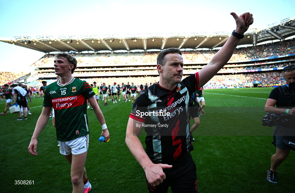 11 July 2026; Mayo manager Andy Moran, right, and Kobe McDonald of Mayo after the GAA Football All-Ireland Senior Championship semi-final match between Mayo and Louth at Croke Park in Dublin. Photo by Ramsey Cardy/Sportsfile