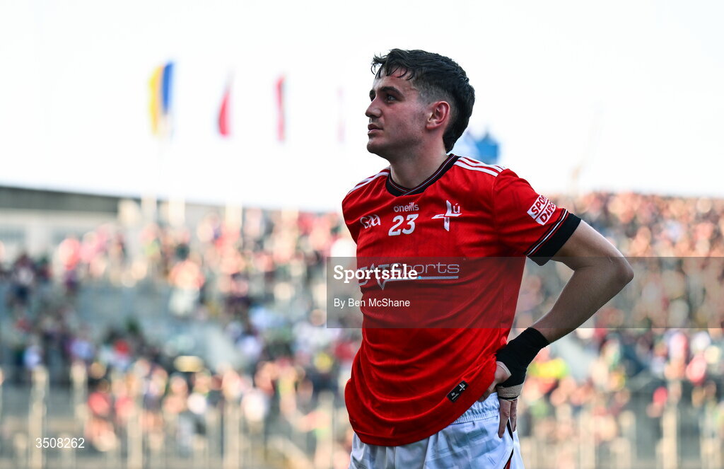 11 July 2026; Tadgh McDonnell of Louth reacts after his side's defeat in the GAA Football All-Ireland Senior Championship semi-final match between Mayo and Louth at Croke Park in Dublin. Photo by Ben McShane/Sportsfile