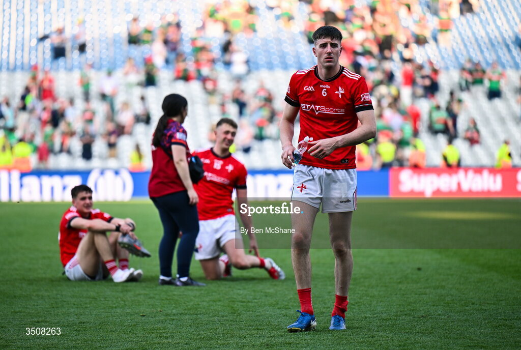 11 July 2026; Dara McDonnell of Louth reacts after his side's defeat in the GAA Football All-Ireland Senior Championship semi-final match between Mayo and Louth at Croke Park in Dublin. Photo by Ben McShane/Sportsfile