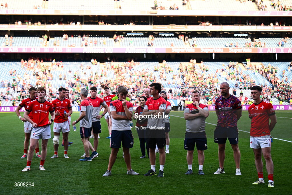 11 July 2026; Louth players and staff react after their defeat in the GAA Football All-Ireland Senior Championship semi-final match between Mayo and Louth at Croke Park in Dublin. Photo by Ben McShane/Sportsfile