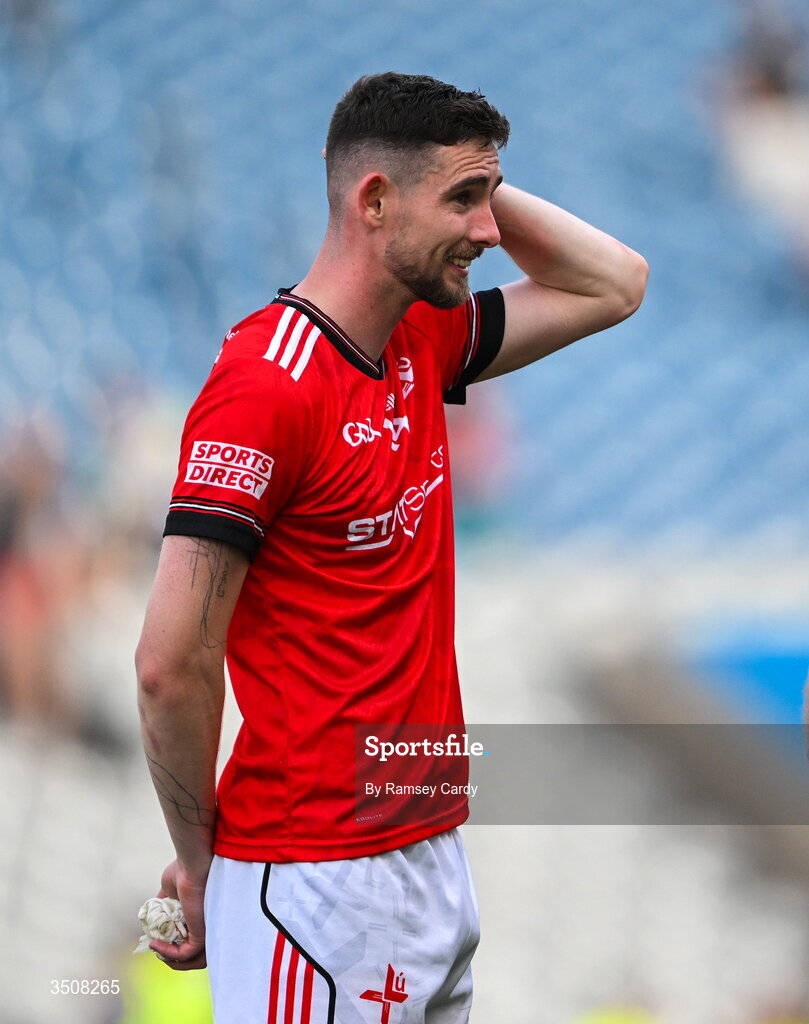 11 July 2026; Ciaran Downey of Louth after his side's defeat in the GAA Football All-Ireland Senior Championship semi-final match between Mayo and Louth at Croke Park in Dublin. Photo by Ramsey Cardy/Sportsfile