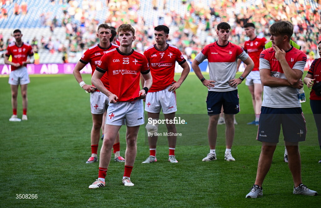 11 July 2026; Louth players, including Padric Tinnelly, 25, react after their defeat in the GAA Football All-Ireland Senior Championship semi-final match between Mayo and Louth at Croke Park in Dublin. Photo by Ben McShane/Sportsfile