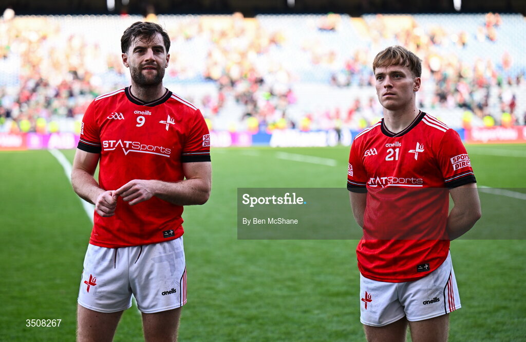 11 July 2026; Dermot Campbell, left, and Ciaran Keenan of Louth react after their side's defeat in the GAA Football All-Ireland Senior Championship semi-final match between Mayo and Louth at Croke Park in Dublin. Photo by Ben McShane/Sportsfile