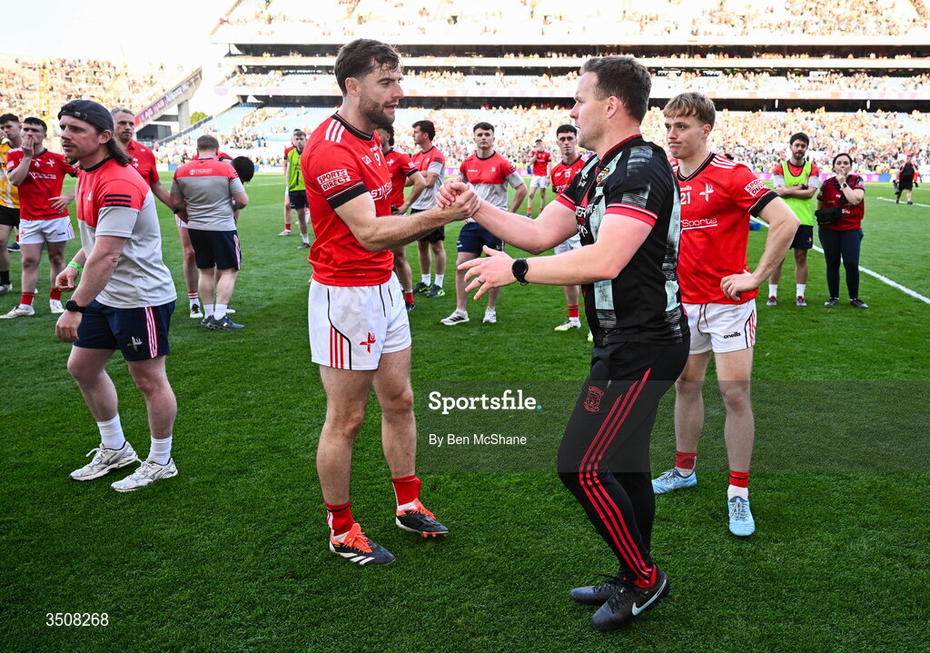11 July 2026; Mayo manager Andy Moran with Dermot Campbell of Louth after the GAA Football All-Ireland Senior Championship semi-final match between Mayo and Louth at Croke Park in Dublin. Photo by Ben McShane/Sportsfile