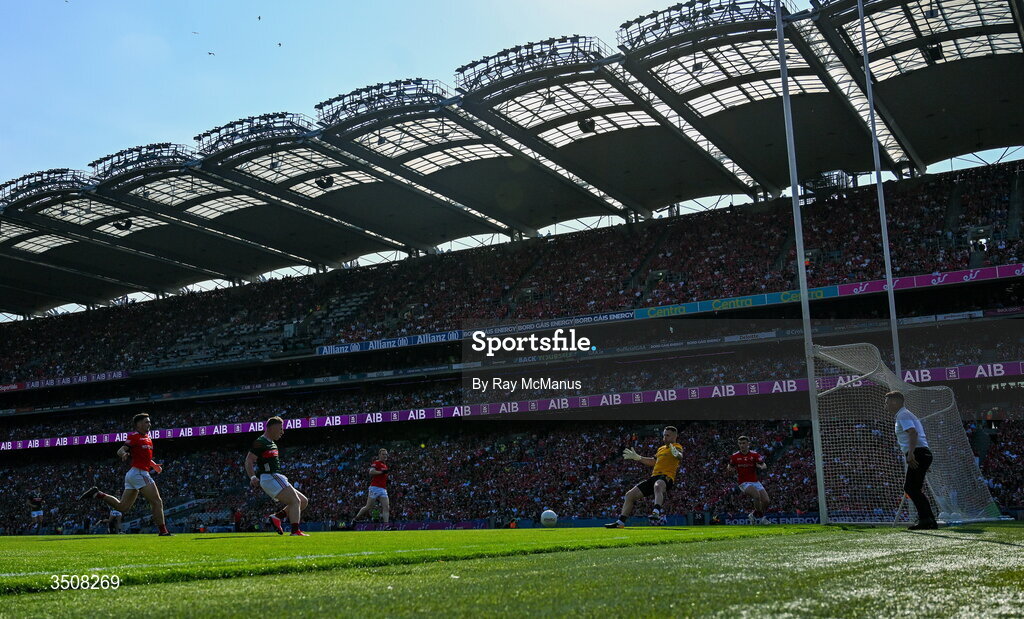 11 July 2026; Darragh Beirne of Mayo shoots past Louth goalkeeper Niall McDonnell to score his sides second goal, in the 33rd minute, during the GAA Football All-Ireland Senior Championship semi-final match between Mayo and Louth at Croke Park in Dublin. Photo by Ray McManus/Sportsfile