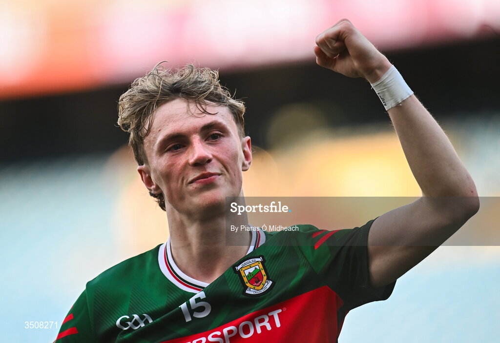 11 July 2026; Kobe McDonald of Mayo celebrates after victory in the GAA Football All-Ireland Senior Championship semi-final match between Mayo and Louth at Croke Park in Dublin. Photo by Piaras Ó Mídheach/Sportsfile
