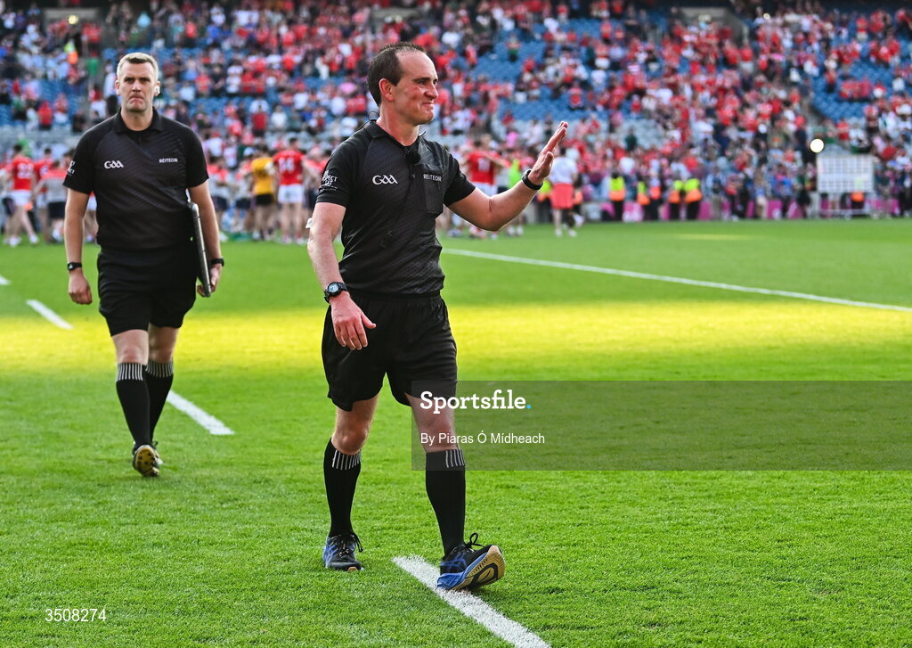 11 July 2026; Referee David Coldrick, who is retiring as an intercounty match official this year, leaves the pitch after his 98th intercounty match as referee, at the GAA Football All-Ireland Senior Championship semi-final match between Mayo and Louth at Croke Park in Dublin. Photo by Piaras Ó Mídheach/Sportsfile