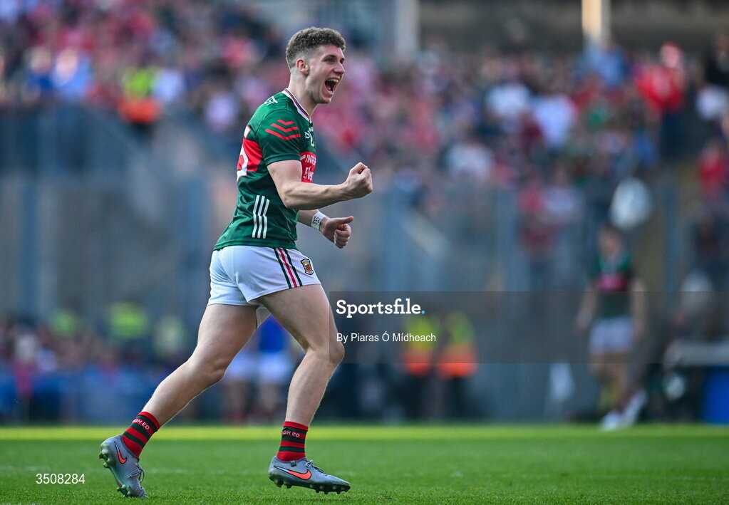 11 July 2026; Cian McHale of Mayo celebrates scoring during the GAA Football All-Ireland Senior Championship semi-final match between Mayo and Louth at Croke Park in Dublin. Photo by Piaras Ó Mídheach/Sportsfile
