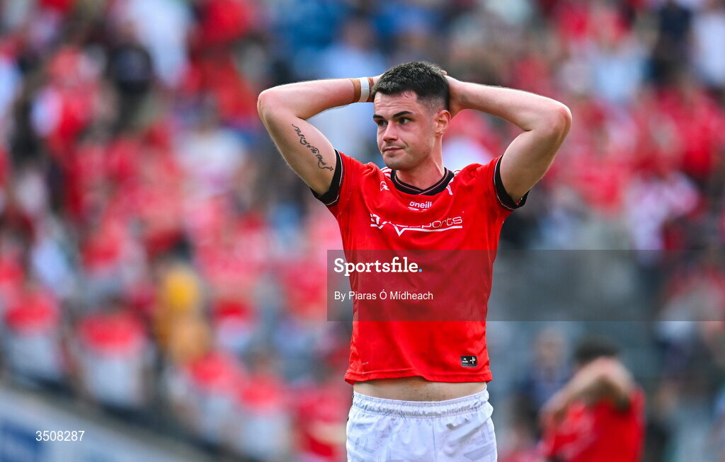 11 July 2026; Conall McCaul of Louth after his side's defeat in the GAA Football All-Ireland Senior Championship semi-final match between Mayo and Louth at Croke Park in Dublin. Photo by Piaras Ó Mídheach/Sportsfile