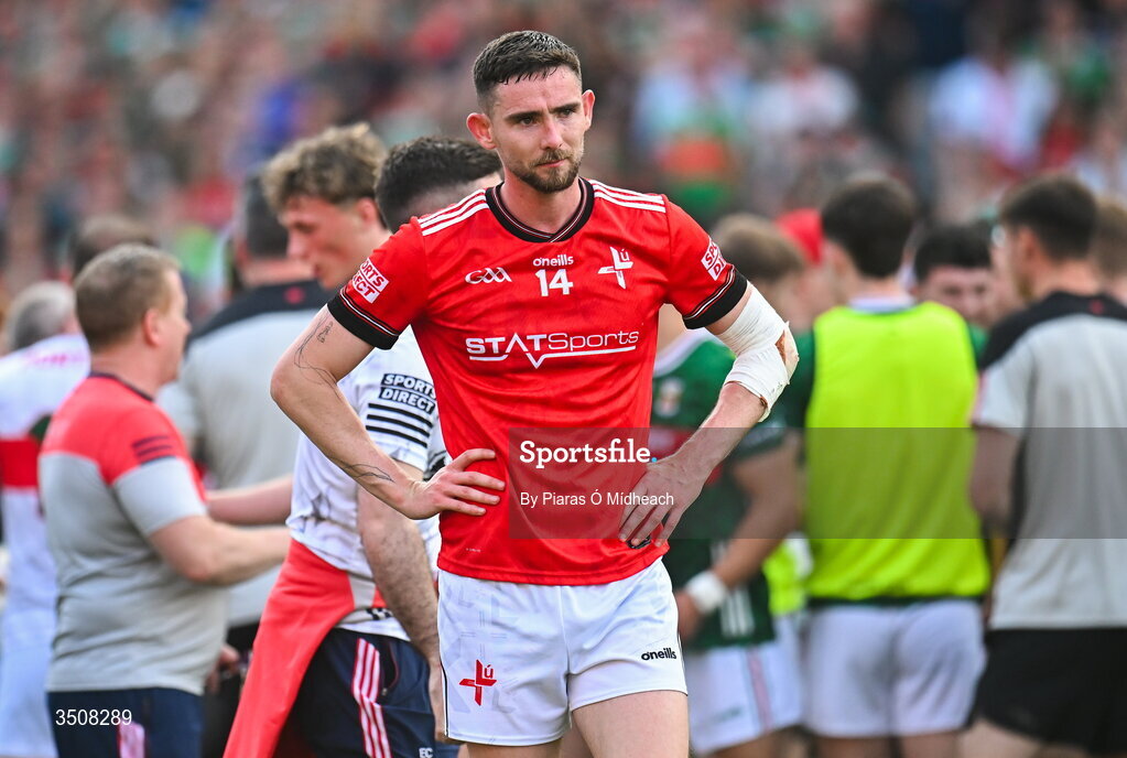 11 July 2026; Ciarán Downey of Louth after his side's defeat in the GAA Football All-Ireland Senior Championship semi-final match between Mayo and Louth at Croke Park in Dublin. Photo by Piaras Ó Mídheach/Sportsfile