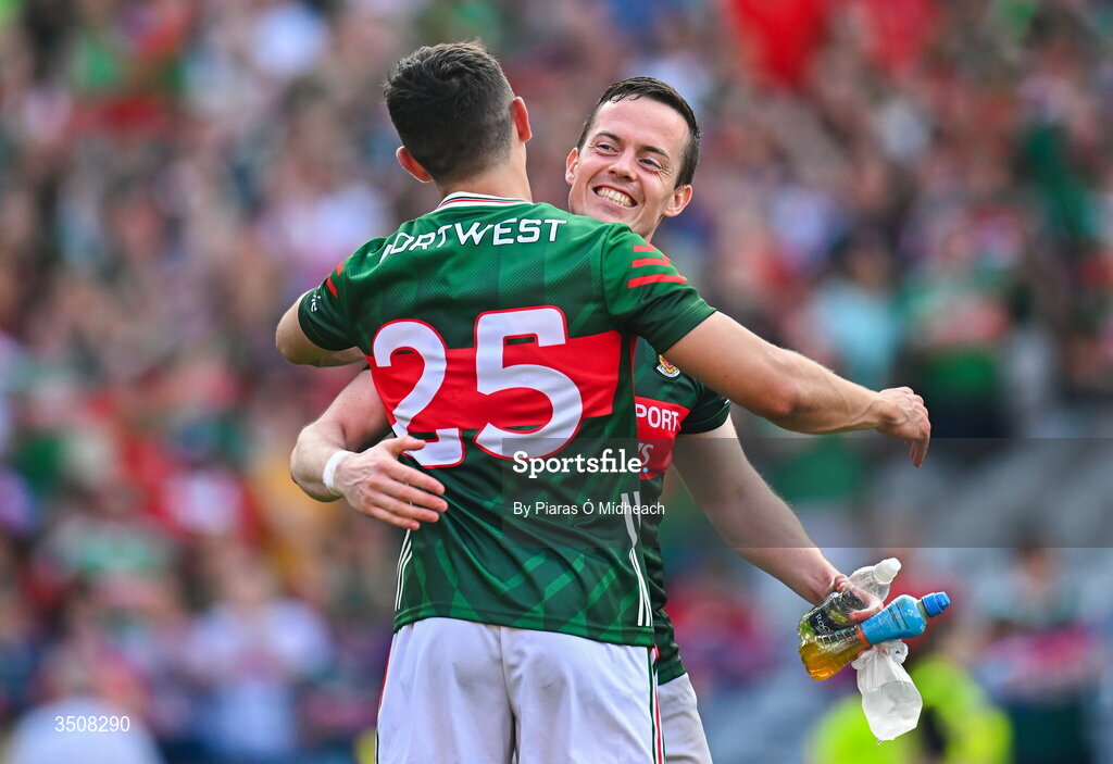 11 July 2026; Mayo players Stephen Coen, behind, and Tommy Conroy celebrate after victory in the GAA Football All-Ireland Senior Championship semi-final match between Mayo and Louth at Croke Park in Dublin. Photo by Piaras Ó Mídheach/Sportsfile